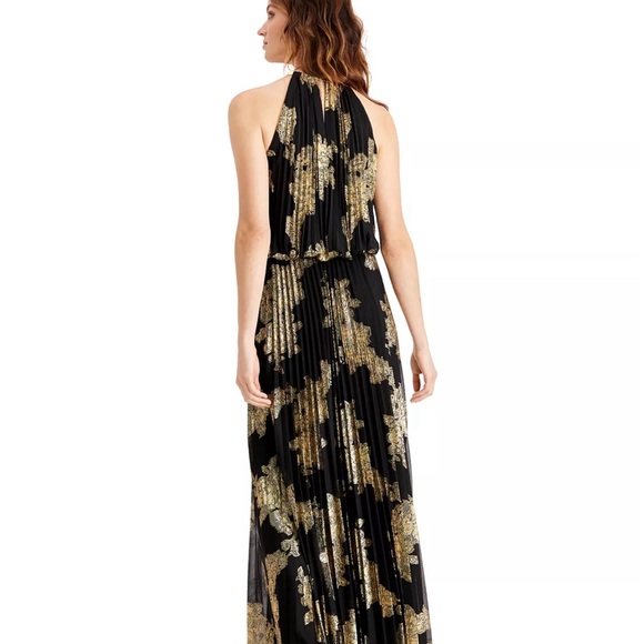 NWT MSK Metallic Print Pleated Blouson Gown Black Gold Sz 8 - Picture 15 of 15